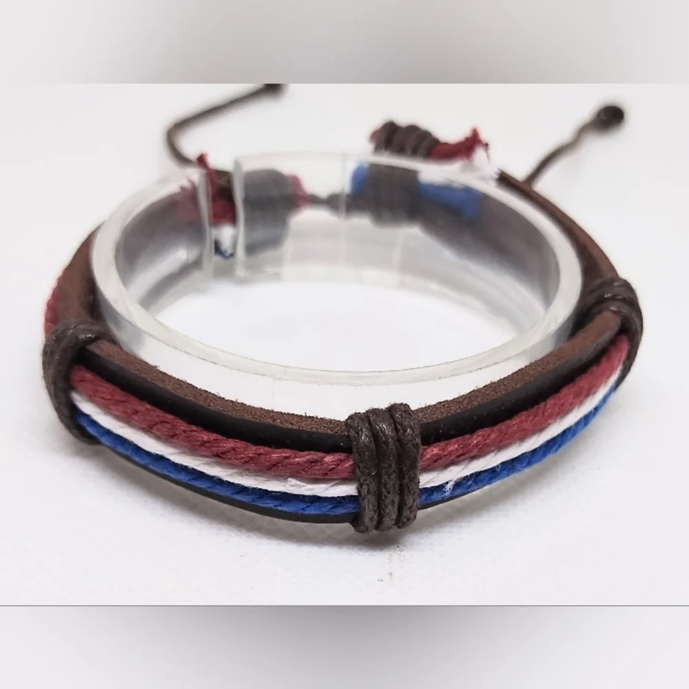 Men's Bracelet Leather Layered Jewelry Red White Blue New f93‎
